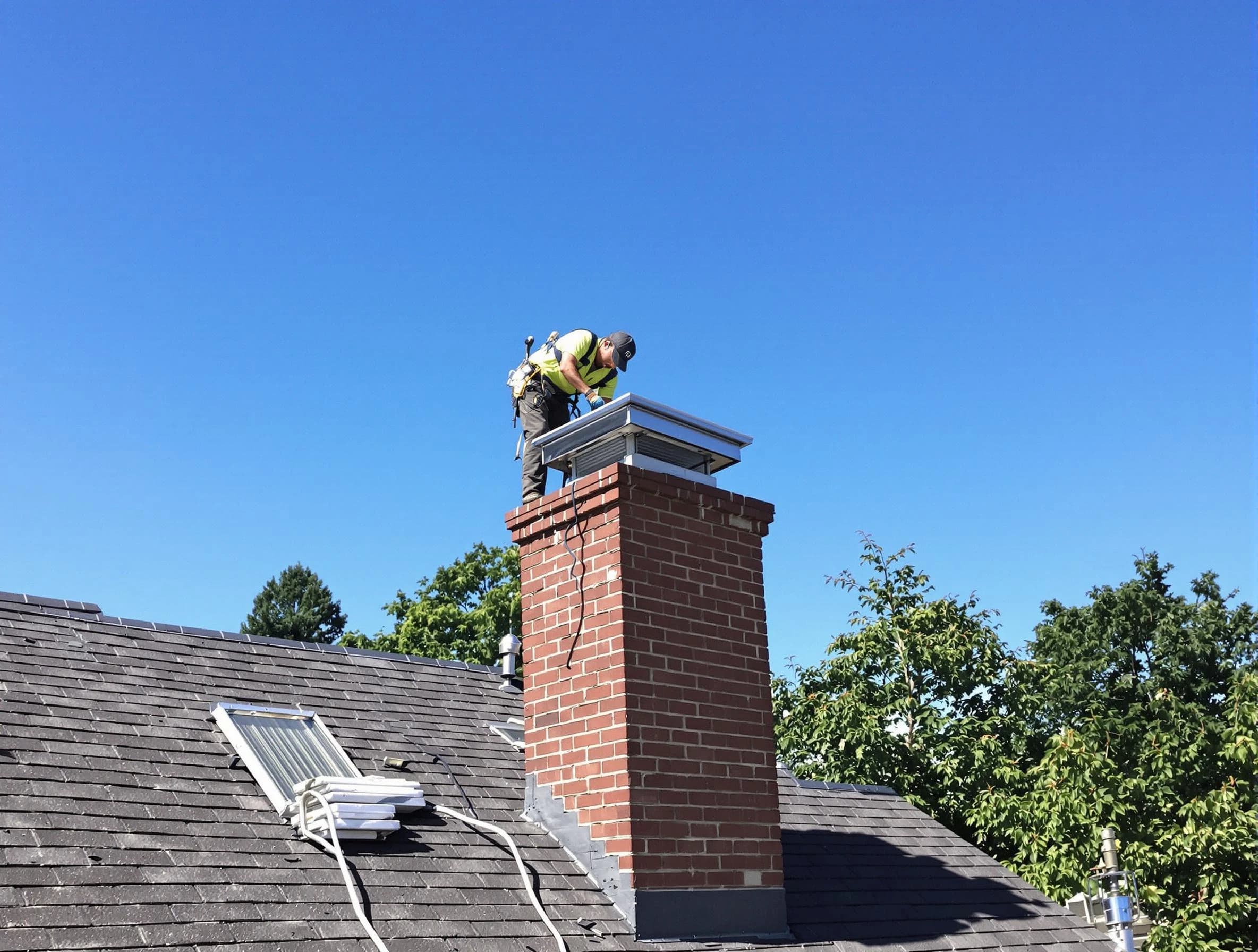 Highland Springs Chimney Sweep technician measuring a chimney cap in Highland Springs, VA